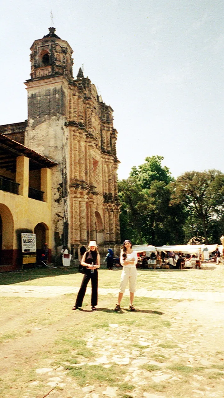 Bonnie and Helen outside an ancient church by the Indian market