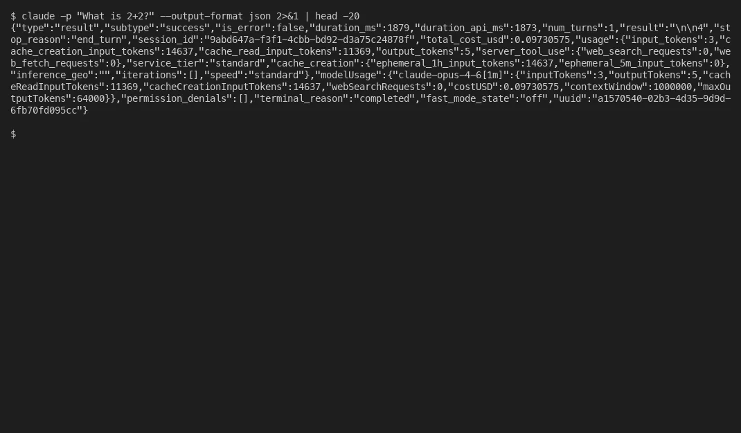 Claude Code non-interactive mode returning structured JSON output from a simple prompt