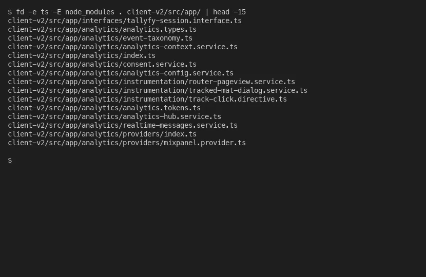 fd listing TypeScript files in a project, excluding node_modules