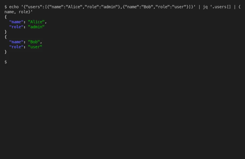 jq transforming raw JSON into clean, color-highlighted structured output
