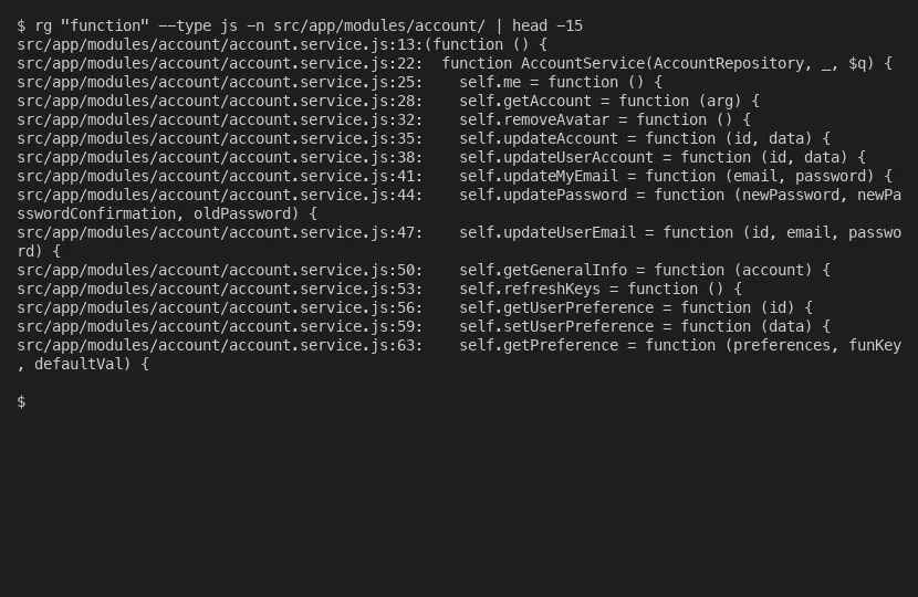 Ripgrep searching a codebase for function declarations with file paths and line numbers