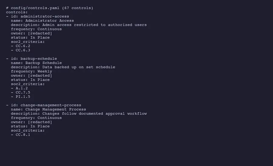 Controls YAML showing dual-purpose SOC 2 and HIPAA mappings