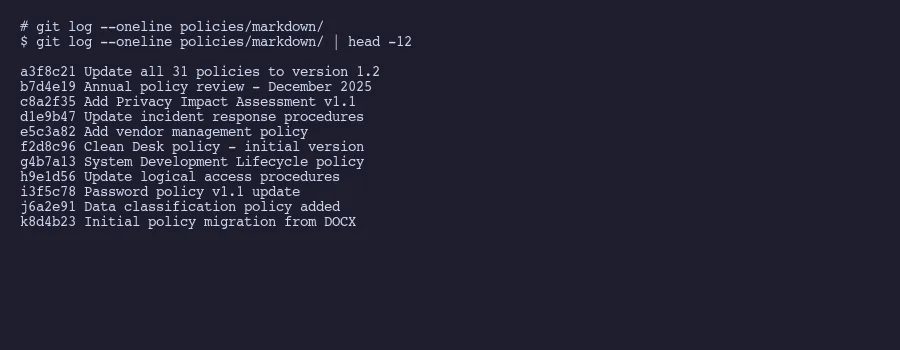 Git log showing policy change history