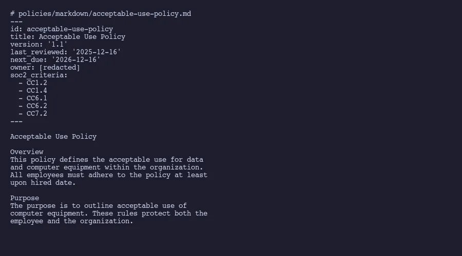 Policy markdown with YAML frontmatter metadata
