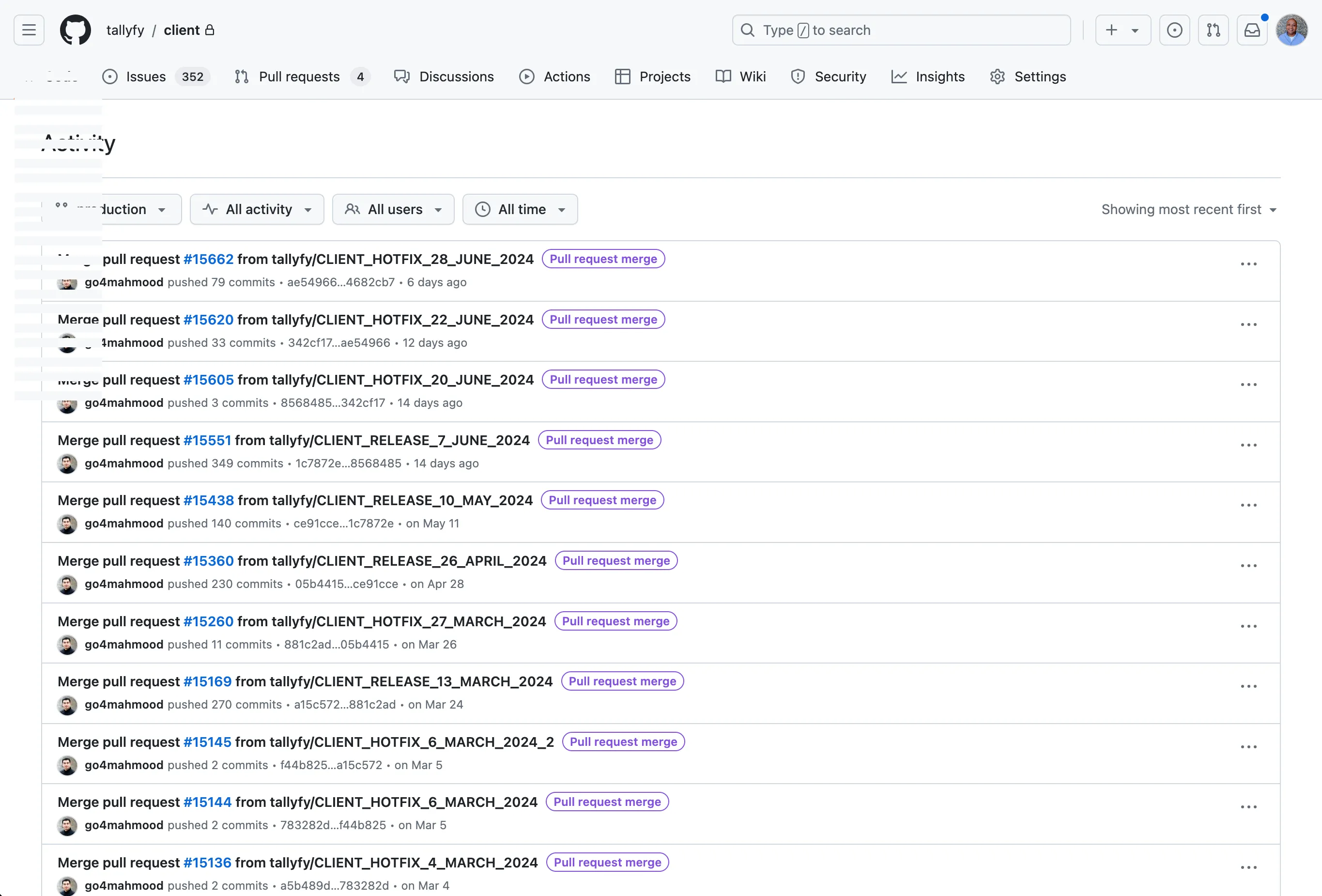 Real GitHub change management evidence showing production merges