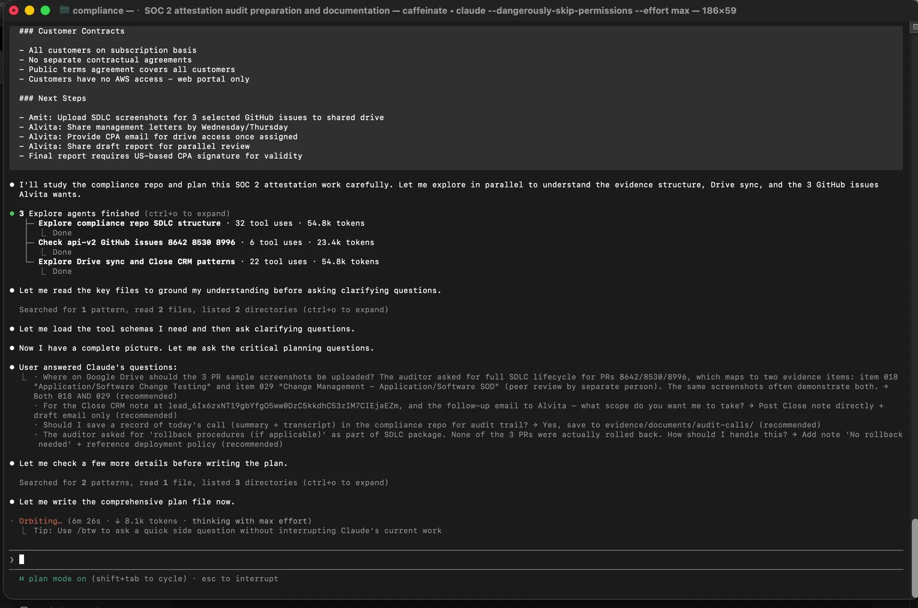 Claude asking clarifying questions about evidence items 018 and 029, Drive upload locations, and audit trail records