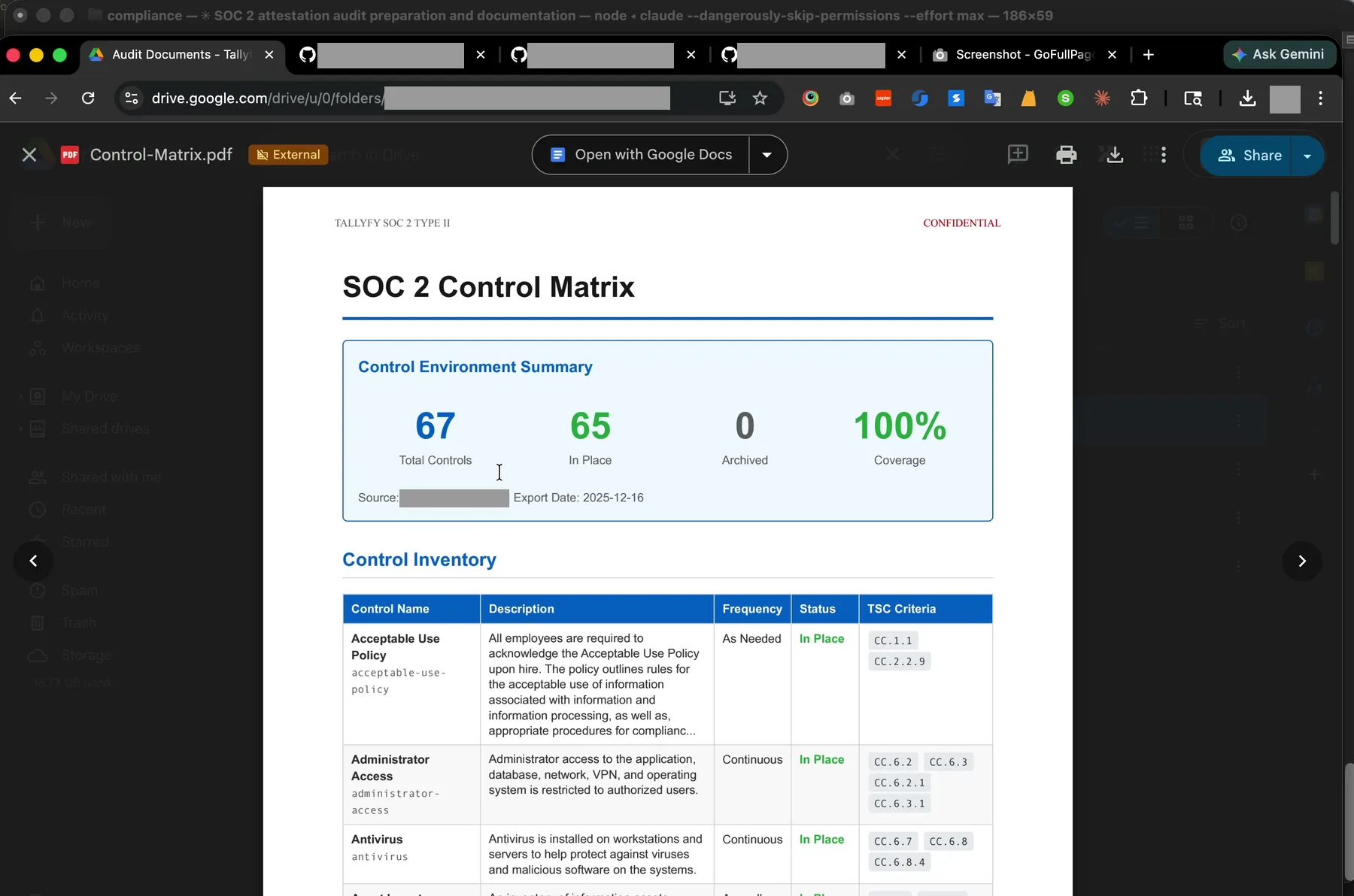 Tallyfy SOC 2 control matrix: 67 total controls, 65 in place, 100% coverage