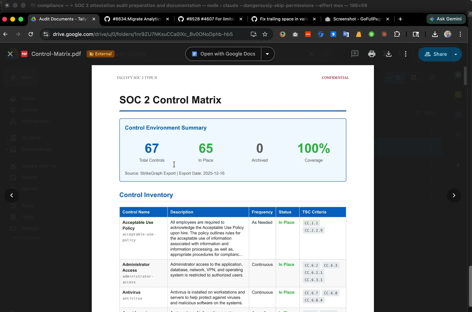 Tallyfy SOC 2 control matrix: 67 total controls, 65 in place, 100% coverage