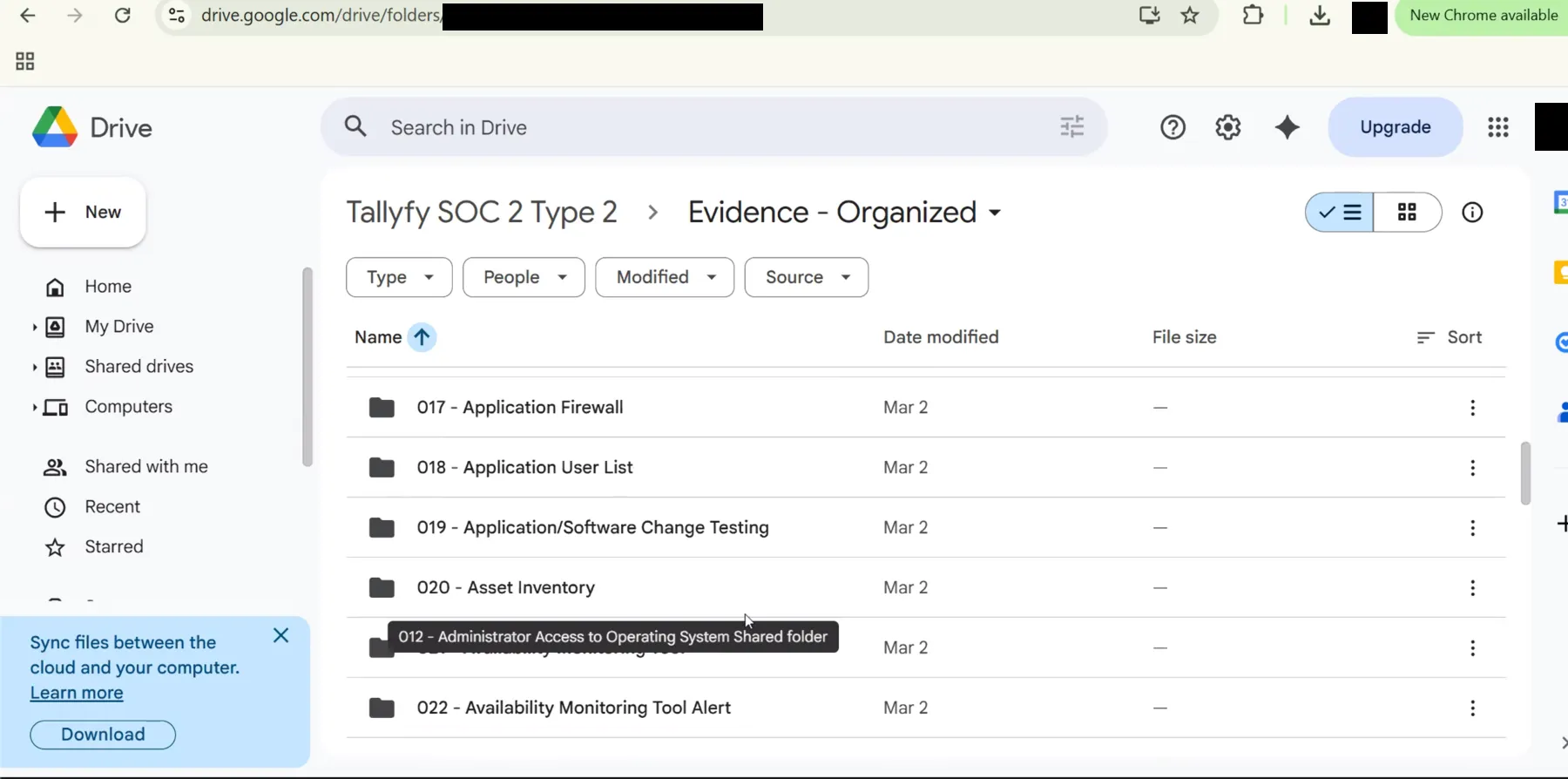 Evidence-Organized folder in Google Drive showing numbered items including Application Firewall and Change Testing