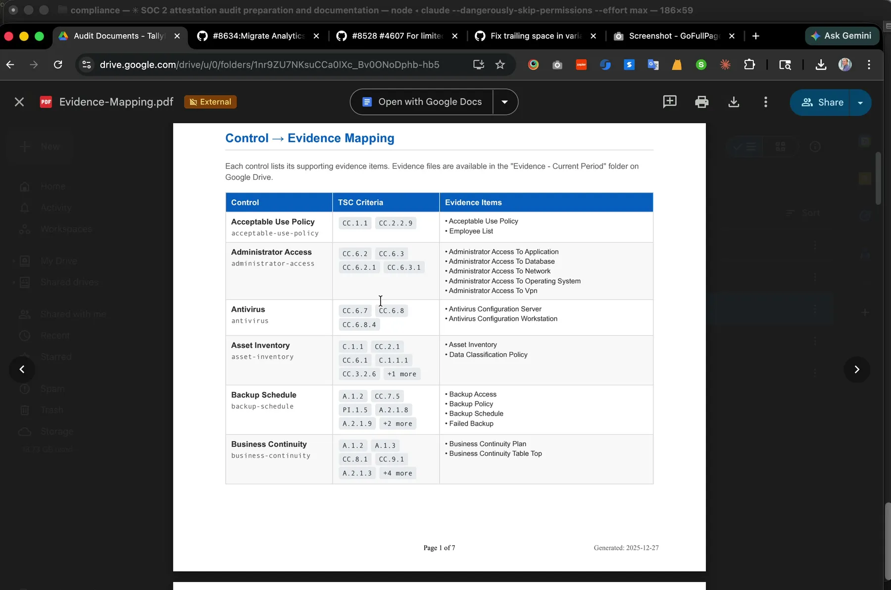 Control to Evidence Mapping PDF page 1 of 7 showing the control to TSC criteria to evidence traceability