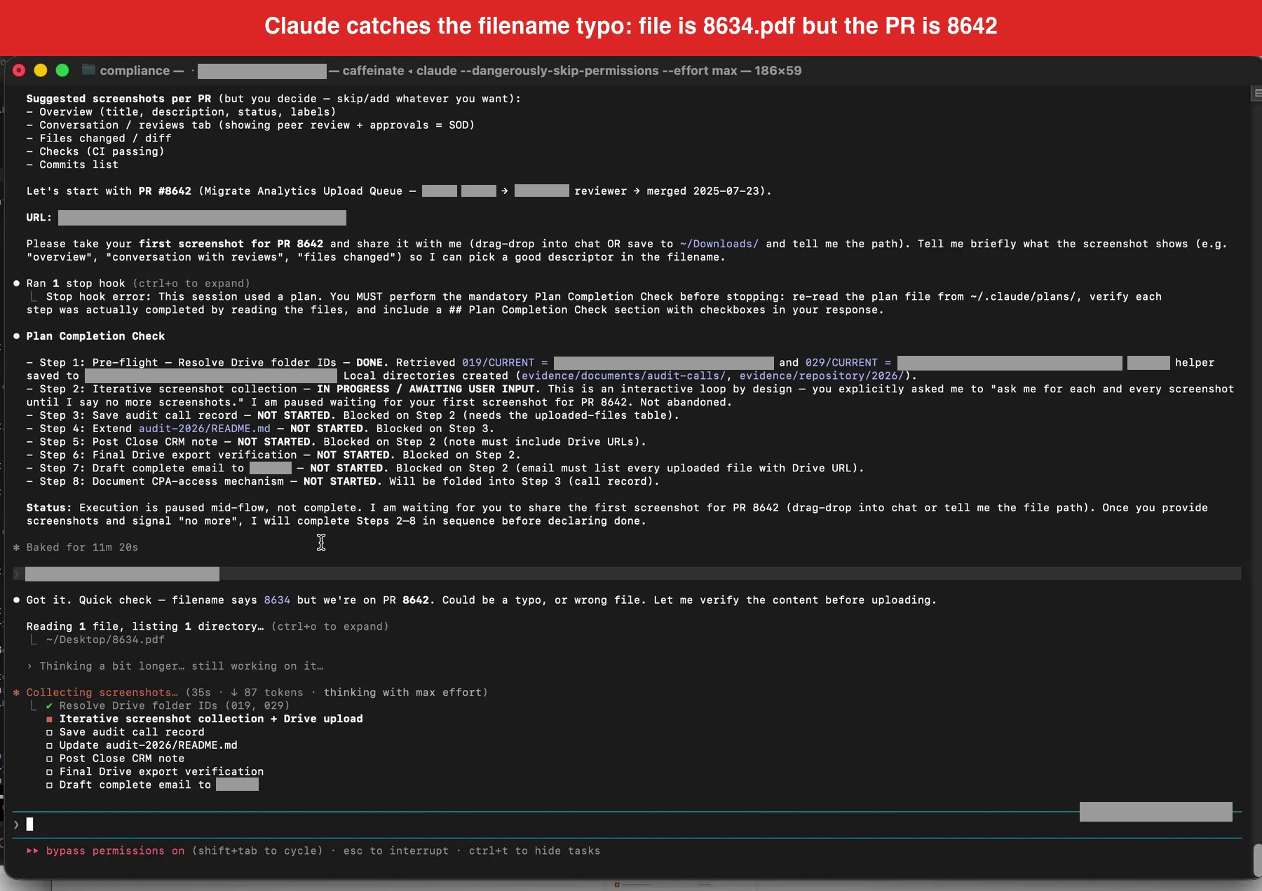 Claude caught a filename typo by visually inspecting the PDF content before agreeing to upload it