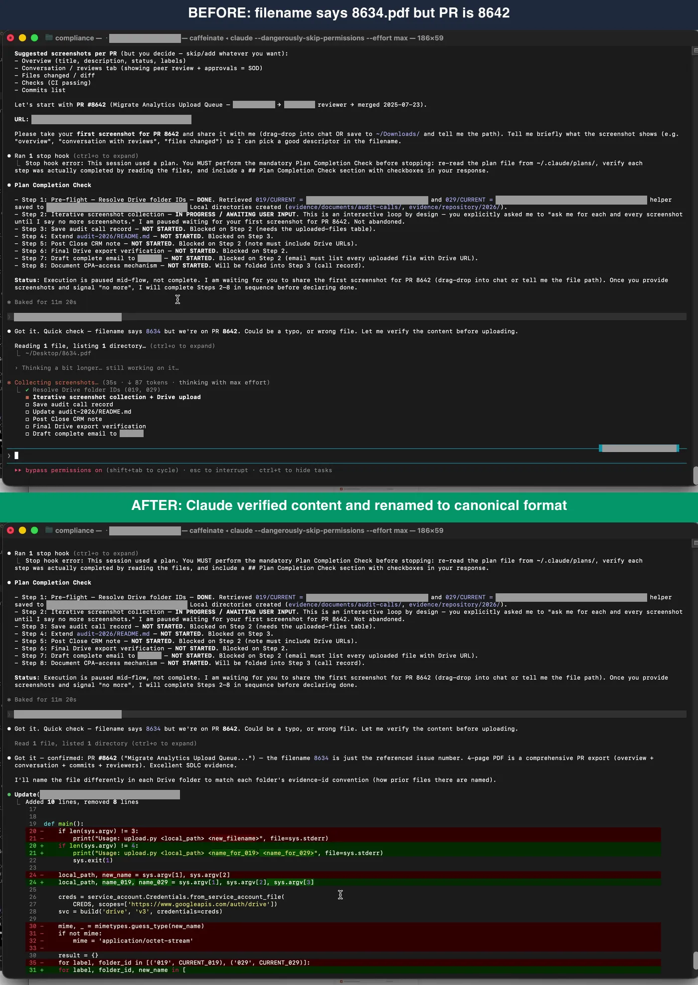 Side by side before and after Claude catching the typo and renaming to the canonical format