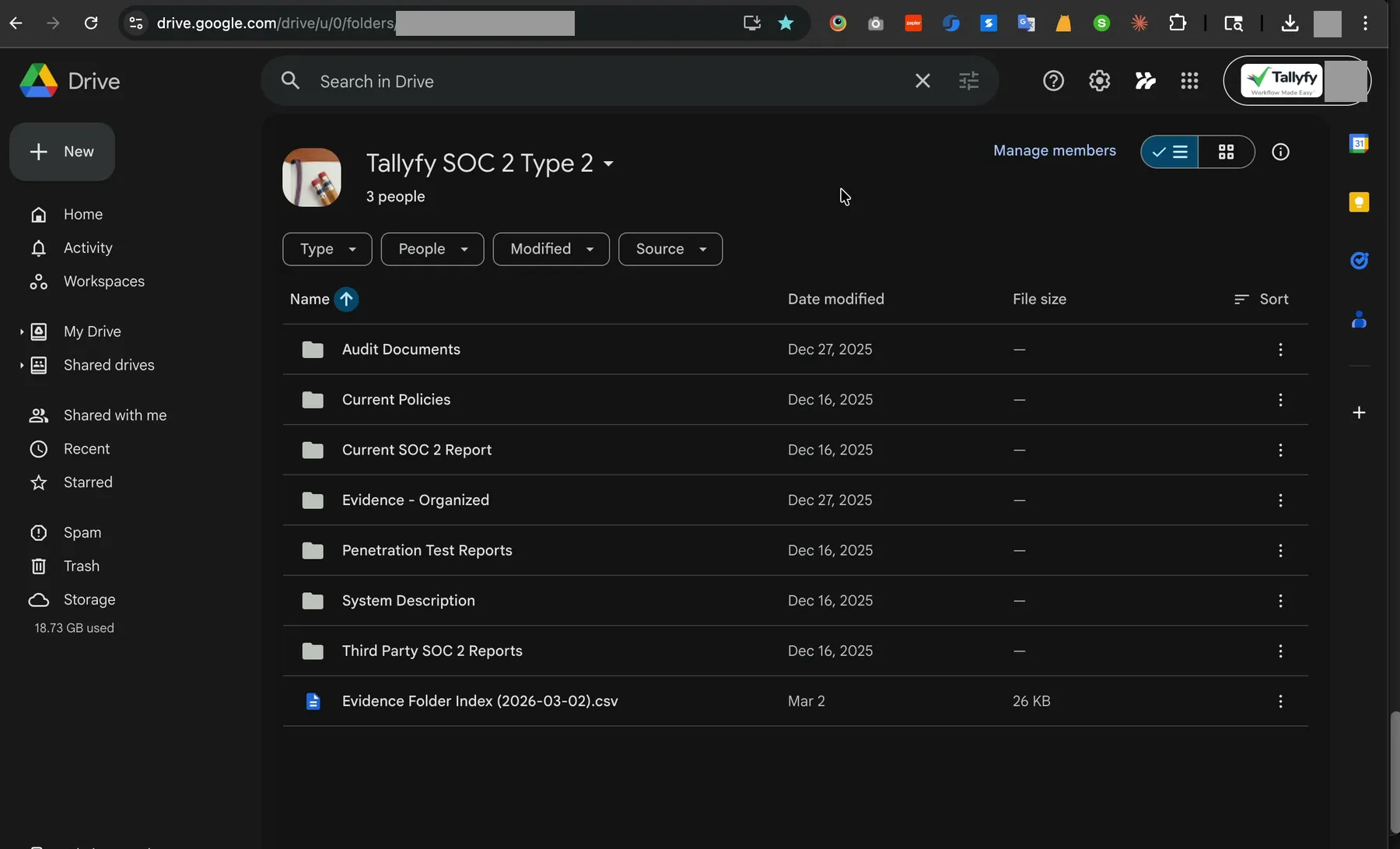 Tallyfy SOC 2 Type 2 shared Drive as the auditor sees it, with all top-level folders visible