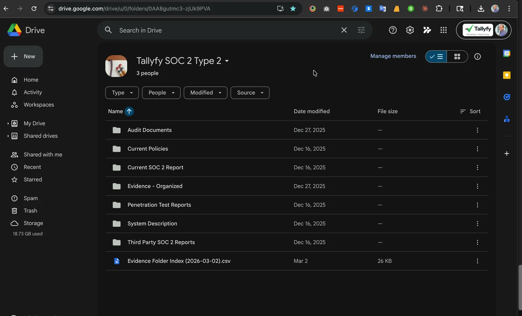 Tallyfy SOC 2 Type 2 shared Drive as the auditor sees it, with all top-level folders visible