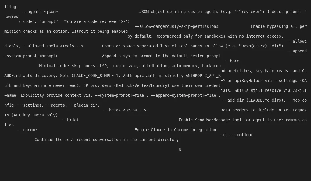 Claude Code help output captured headlessly