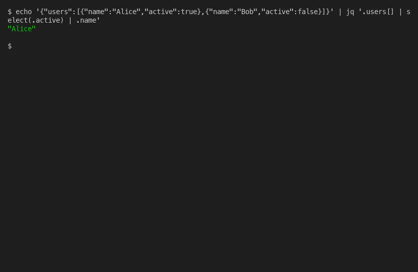 Unix pipeline filtering JSON data with jq select, showing the composable power of Unix tools