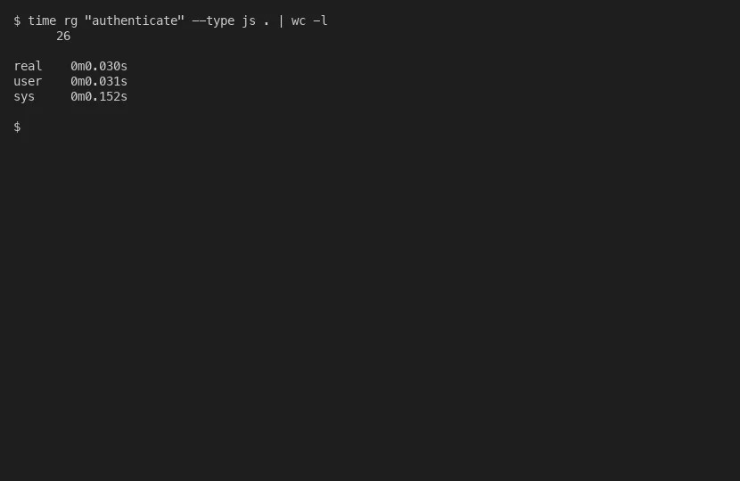 Ripgrep searching an entire codebase in 0.030 seconds, finding 26 matches