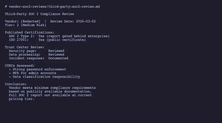 Structured vendor compliance review format