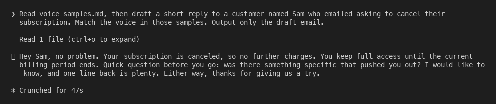 Claude Code drafting an email after reading a corpus of past sent emails