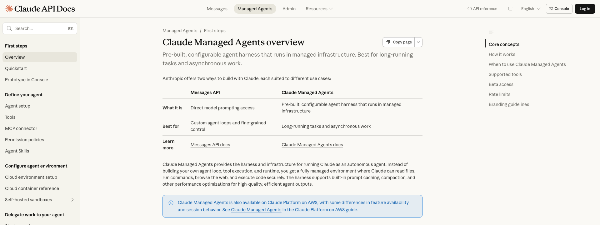 Anthropic Managed Agents docs: Messages API vs Managed Agents comparison, with AWS availability callout.