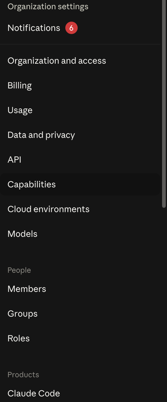 Claude Enterprise admin console navigation showing Organization and access, Billing, Usage, Data and privacy, API, Capabilities, Cloud environments, Models, then a People group with Members, Groups and Roles, then a Products group