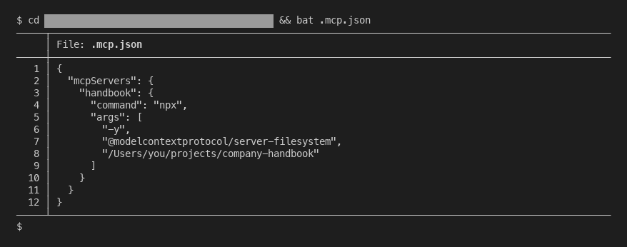 A filesystem MCP server configured in a .mcp.json file