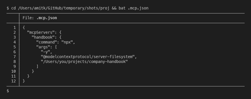 A filesystem MCP server configured in a .mcp.json file
