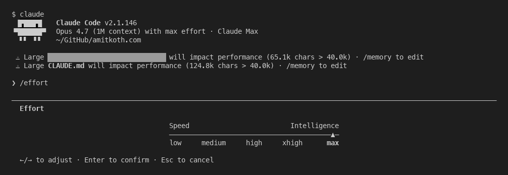 The Claude Code effort picker showing the low to max levels