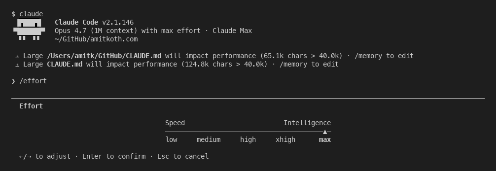 The Claude Code effort picker showing the low to max levels