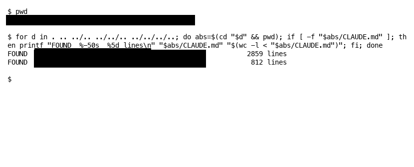Terminal output showing two real CLAUDE.md files at parent directory levels - 2859 lines and 812 lines
