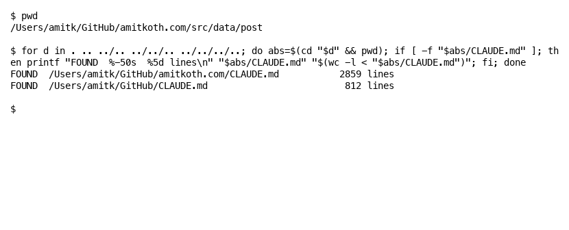 Terminal output showing two real CLAUDE.md files at parent directory levels - 2859 lines and 812 lines