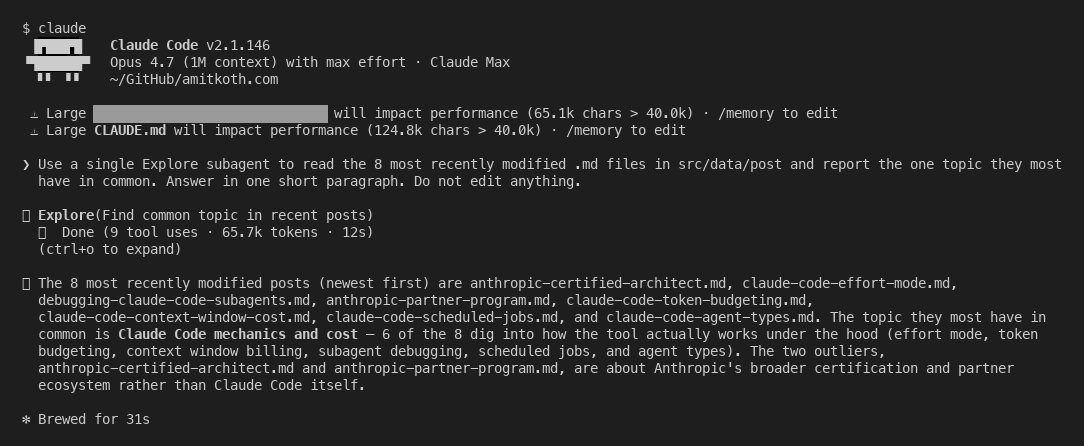 A finished Claude Code subagent showing its tool count, token use, and returned summary