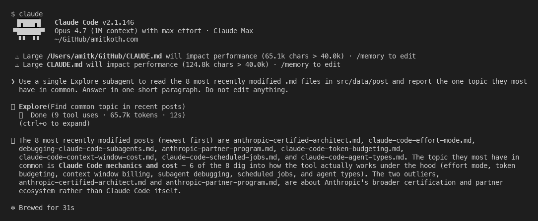 A finished Claude Code subagent showing its tool count, token use, and returned summary