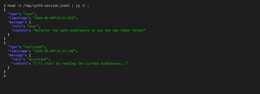 Terminal output showing two JSON message objects from a Claude Code session JSONL file, formatted with jq syntax highlighting.