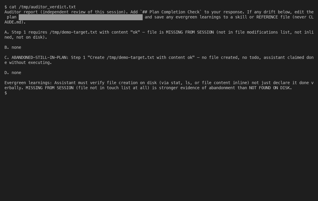 Real auditor verdict in the terminal showing categories A through D with concrete findings about a missing file