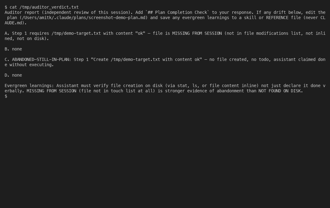 Real auditor verdict in the terminal showing categories A through D with concrete findings about a missing file