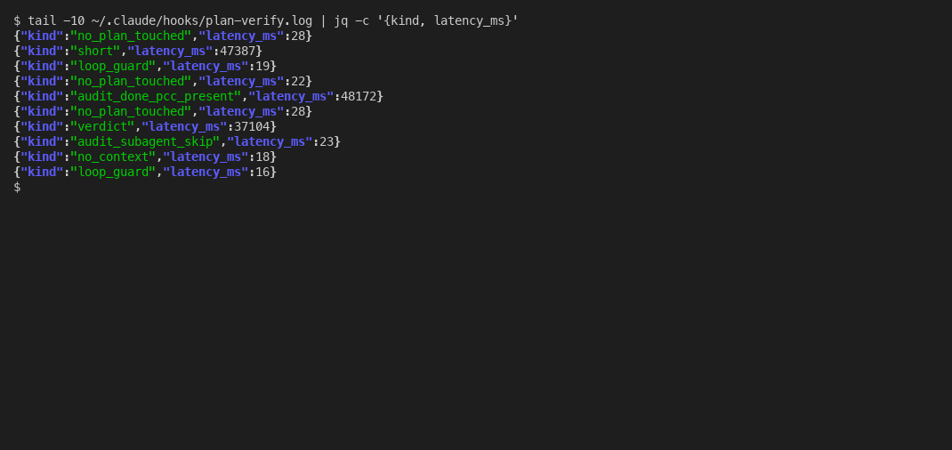 Log tail showing the variety of hook decisions and latencies from sub-second fast paths to twenty-second audits