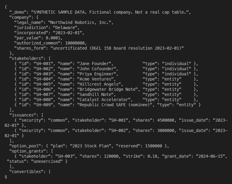 Synthetic cap-table.json stock ledger showing company details, stakeholders, share issuances and an option grant